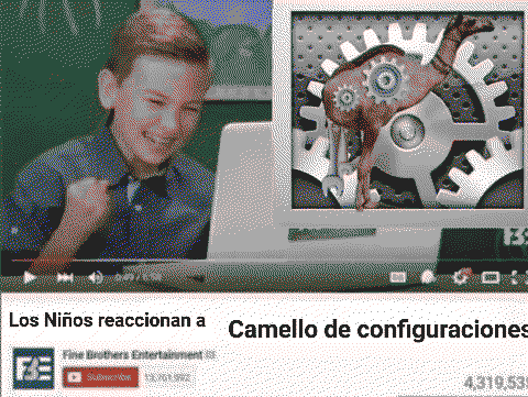 Captura de pantalla de un video de YouTube subido por Fine Brothers Entertainment títulado con texto editado 'Los Niños reaccionan a Camello de configuraciones'