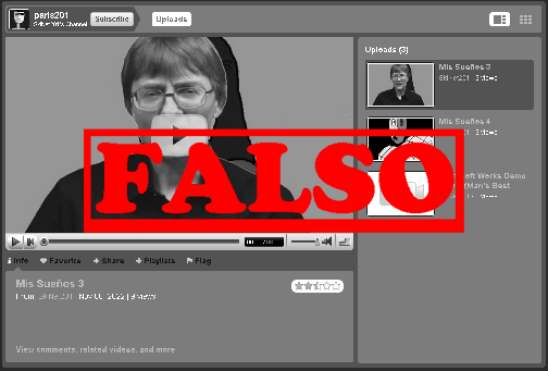 Captura de pantalla a blanco y negro de un canal falso de VidLii que se hace pasar por SkiNet, el video destacado en la captura es Mis Sue&ntilde;os 3, en la escena en la que Alejandro se encuentra en la prisi&oacute;n de usuarios de reportados de BitView, cuando Christopher Barnatt le explica a Alejandro la raz&oacute;n por la que lo arrestaron, entre otro de los videos subidos por el canal falso de SkiNet .Hay un boton rojo sobrepuesto en el medio de la captura que lee 'Falso'